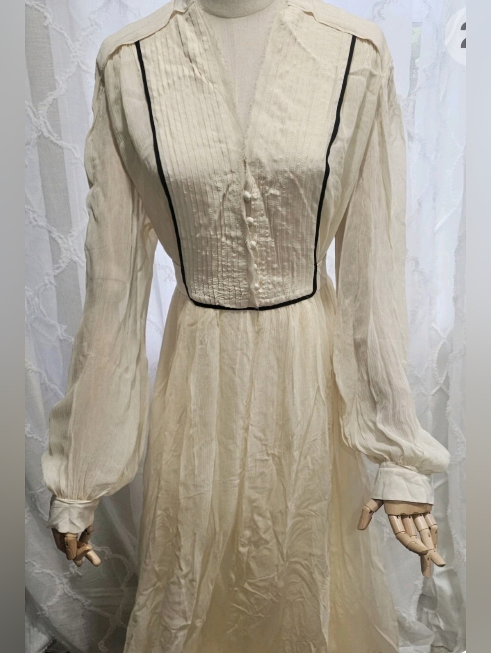 RARE ZARA -Cream Long-Sleeve Pleated Yoke Dress with Black Piping